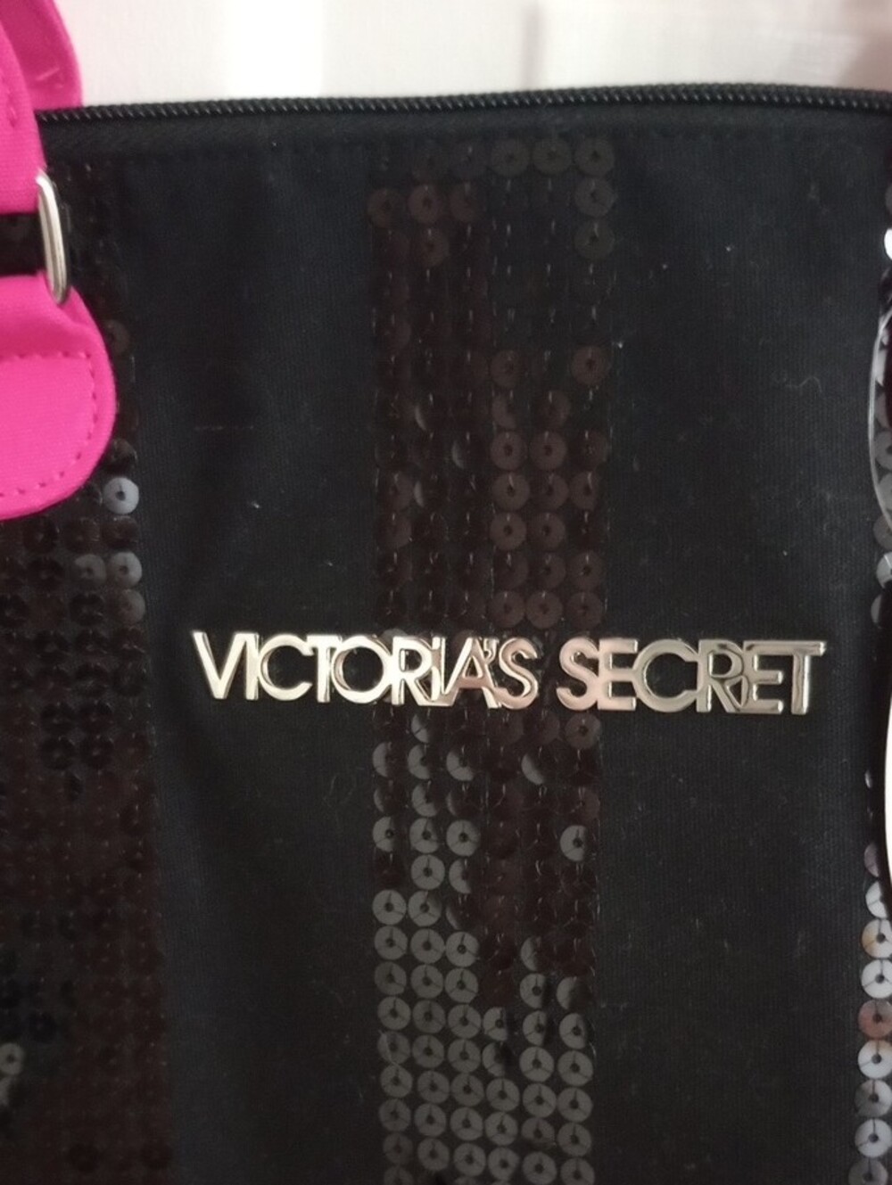 Vintage Victoria's Secret Black and Hot Pink Sequin Stripe Tote - Picture 2 of 4